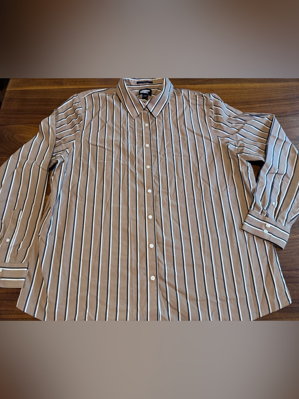 Lands’ End Khaki Striped 100% Cotton No Iron Button Shirt in EUC Plus Sz 18